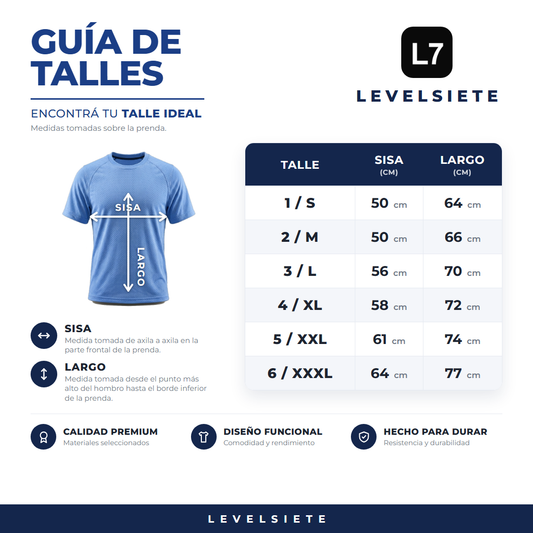 Guía de talles LEVELSIETE - Remera Deportiva Dri-Fit - medidas sisa y largo en cm
